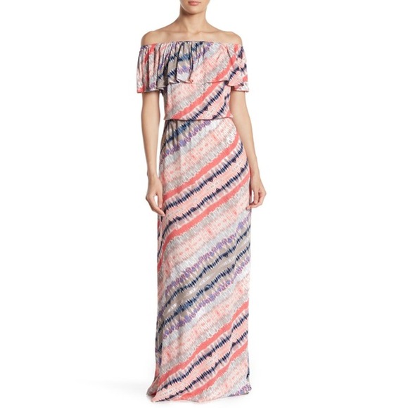Vanity Room Women Maxi Dress Small S Pink Striped Off-the-Shoulder Ruffle - Picture 1 of 5